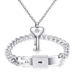 【新品】 [Flongo] 鍵＆錠 ペア アクセサリー ロック ブレスレット キー ネックレス カップル: 女性 ハート チェーン メンズ キューバロック バングル - ステンレス ジルコン シルバー 2個セット 誕生日 バレンタインデー プレゼント 袋付き