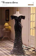 送料無料 レディース ロングドレス ブラック オフショルダー マーメイド 半袖 編み上げ スパンコール 年会 司会 宴会 パーティー 発表会 上品 華やか 高級感 美シルエット 大人 エレガント 主役映え 特別な日 ロング丈 S M L XL 2XL 3XL