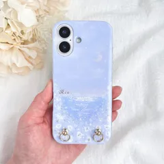 new⁎✧ホワイトオーロラの三日月浮かぶパステルブルーの夜空と煌めく海のスマホケース　iPhoneケース 名入れ　オーロラ　虹色　お花畑　カラフル　スマホショルダーストラップ　ギフト　母の日　iPhone17e iPhone17 Android 全機種対応