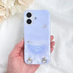 new⁎✧ゴールドの三日月浮かぶパステルブルーの夜空と煌めく海のスマホケース　iPhoneケース 名入れ　オーロラ　虹色　お花畑　カラフル　スマホショルダーストラップ　ギフト　母の日　iPhone17e iPhone17 Android 全機種対応
