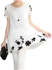 [aspersio] (アスペルシオ) レディース シンプル レイヤード 花柄 シースルー チュニック 重ね着 風 半袖 フリル トップス ティアード カフスリーブ シフォン フラウンス ラッフル ストレート フラワー はながら 刺繍  [ホワイト] [XL]