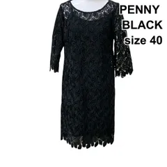 ◇ ペニーブラック PENNY BLACK ワンピース ラウンドネック 膝丈 半袖 総レース 黒 40 L 11号 レディース Z6B915のサムネイル