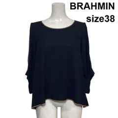 ◇ ブラーミン BRAHMIN フレアスリーブブラウス シャツ 長袖 ラウンドネック プルオーバー パイピング 紺 38 M 9号 レディース S6C738のサムネイル