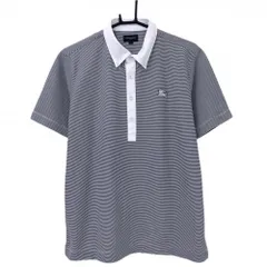 【超美品】バーバリーゴルフ 半袖ポロシャツ ダークグレー系×白 細ボーダー ボタンダウン メンズ 3(L) ゴルフウェア BURBERRY GOLF