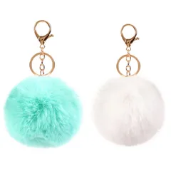 [COZENTA] チャーム ふわふわ ポンポン キーホルダー 可愛い 2個セット (アクアブルー ホワイト) [アクアブルー＆ホワイト]