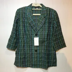 未使用☆婦人 麻混ジャケット M グリーン×チェック柄 リネン