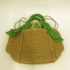 cache cache カシュカシュ 下がり リボン ペーパー 手編み トート バッグ ブラウン グリーン □〇☆のサムネイル