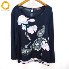 レオナール サマーニット トップス 花柄 シルク Lサイズ ネイビー