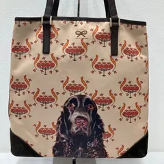 1314　ANYA HINDMARCH　アニヤハインドマーチ　 トートバッグ　リバーシブル　犬　ドッグ　 転写　リボン　ロゴ　ベージュ×ブラウン系　 レディースのサムネイル
