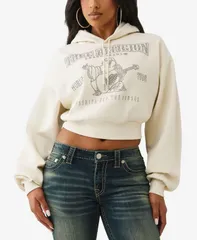 トゥルーレリジョン レディース トップス シャツ クロップド パーカー True Religion Womens Crystal Cropped Pullover Hoodie Winter Whitのサムネイル