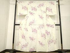 夏着物】身丈160cm 小紋 洗える 白色 芙蓉 花柄 薄物 盛夏 - メルカリ