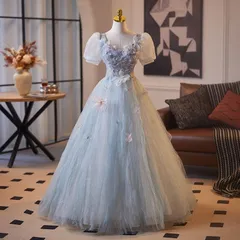 送料無料 パーティードレス ロングドレス スクエアネック Aライン ブルー 成人式 結婚式 二次会 披露宴 ゲスト ウエストマーク 上品 華やか エレガント フェミニン おしゃれ