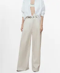 マンゴ レディース ボトムス カジュアルパンツ ワイドレッグ パンツ コットン MANGO Womens Striped Wide Leg Cotton Pants Light Pastel Gray グレー