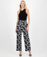 アンクライン レディース ボトムス カジュアルパンツ プリント Anne Klein Womens Printed PullOn WideLeg Pants Anne BlackWhite Dove ホワイト