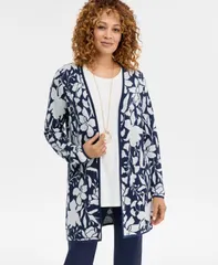 ジェイエムコレクション レディース アウター ニット・セーター フラワー柄 カーディガン フラワー JM Collection Womens Floral Jacquard Cardigan Sweater Intrepid Blue ブルー