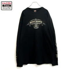 00s USA製 HARLEY DAVIDSON スカル ファイヤーパターン 袖プリント 長袖Ｔシャツ メンズ 表記XLサイズ
