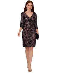 アドリアナ パペル レディース トップス ワンピース Vネック Adrianna Papell Womens VNeck 34Sleeve Sheath Dress Navy Rose Gold ネイビー