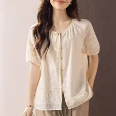【新作】ブラウス レディース 着痩せ 上品 ファッション 透かし編み きれいめコーデ 半袖 春 夏 秋 春夏秋 シャツブラウス レディースブラウス 柄ブラウス 柄 クルーネック パフ袖  刺繍 大人 レイヤード カワイイ 重ね着 1551