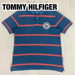 【良好】TOMMY HILFIGER トミーヒルフィガー ボーダー 半袖ポロシャツ XL ブルー&オレンジ 刺繍 ワッペン 袖ロゴ 着丈71cm 肩幅47cm 身幅(脇下)53cm 袖丈23cm【古着】