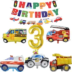 【新品】 誕生日 飾り付け シンプル パーティー セット 大きな 3D車バルーンセット Happy Birthdayバースデーバナー 交通バナー パトカーアルミ風船 スクールバスアルミ風船 (数字 3) 0