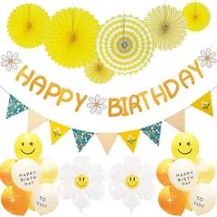 【新品】 Mainiusi 誕生日 飾り付け 風船 女の子 デイジー 花 バルーン バースデー 飾り セット HAPPY BIRTHDAY ガーランド ペナント パーティー デコレーション 特大 黄 ペーパーファン 30点 祝い 装飾 1