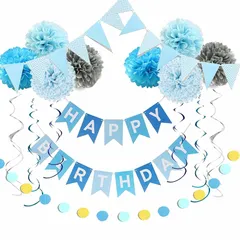 【新品】 誕生日 飾り付け セット 男の子 女の子 パーティー バースデー デコレーション Happy Birthday レターバナー ガーランド きらきら ペーパー ポンポン 紙花 お食い初め 100日お祝い 飾り 記念日 部屋 撮影 (ブルー)