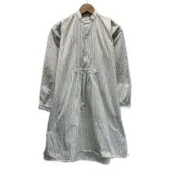 【中古】　ユーロシャツ　長袖　シャツ　トップス　ハーフボタン　ロング丈　ノーカラー　ストライプ　スリット　ユーロヴィンテージ　ミリタリー　古着　/1591