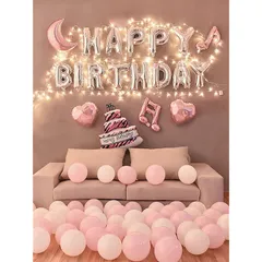 【新品】 誕生日 バルーン 風船 バースデー 飾り付け セット 男の子 女の子 大人 シルバーピンク 誕生日 パーティー 飾り 誕生日デコレーション セット スターライト灯串付き 0