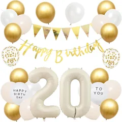 【新品】 誕生日 バルーン 風船セット 飾り付け 20歳 happy birthday ガーランド バースデー 飾り ハッピーバースデー 大きい数字 紙吹雪風船 パーティー プレゼント サプライズ 大人 女の子 ゴールド くすみホワイト