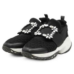 【SALE】Roger Vivier ロジェヴィヴィエ ソックスニーカー 36.5 レディース Viv' Run ヴィブラン クリスタルビジュー ストラスバックル テクニカルメッシュ × レザー スリッポン シューズ 靴 ブラック ホワイト 黒 白 イタリア製