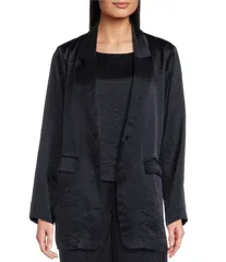 エイリーンフィッシャー レディース アウター コート サテン ブレザー Eileen Fisher Textured Satin Notch Lapel Long Sleeve Flap Pocket Button Front Blazer Ink