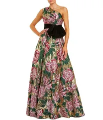 マックダガル レディース トップス ワンピース ベルベット スパンコール Mac Duggal One Shoulder Sequin Ballgown With Velvet Bow Gold Multi ゴールド