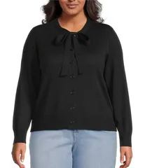 セセ レディース アウター ニット・セーター プラスサイズ カーディガン CeCe Plus Size Round Neck Long Sleeve Bow Cardigan Rich Black ブラック