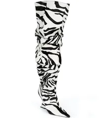 シュッツ レディース シューズ サンダル プリント ブーツ Schutz Siena Zebra Print Fur Over The Knee Slouch Wedge Boots BlackWhite Zebra ホワイト
