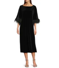 ジュードコーナリー レディース トップス ワンピース ミディ ベルベット Jude Connally Royce Velvet Round Neck Elbow Sleeve Feather Midi Caftan Dress Black Feathers ブ