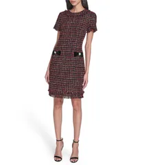エリザジェイ レディース トップス ワンピース トール ツイード Eliza J Short Sleeve Metallic Tweed Embellished Pockets Shift Dress Wine Multi ワイン