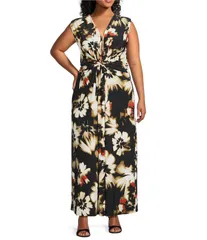 アンクライン レディース トップス ワンピース Vネック マキシワンピース フラワー柄 プラスサイズ ノースリーブ マキシ フラワー Anne Klein Plus Size Floral VNeck Sleeveless Knot Front Maxi Dr