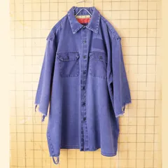 ビッグサイズ 80s 90s USA製 カットオフ ダメージワークシャツ ネイビー メンズXL コットン 5分袖 ボロ アメリカ古着　011426aw18