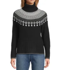 エルエルビーン レディース アウター ニット・セータートルネック LLBean Waffle Knit Fair Isle Turtleneck Long Sleeve Sweater Black Fair Isle ブラック