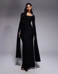 エイソス レディース トップス ワンピース ドレープ マキシ ASOS DESIGN scoop neck maxi dress with exaggeratedrape floor length sleeve Black ブラック