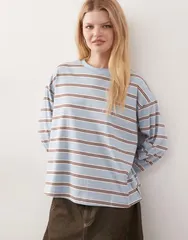 モンキ レディース トップス Tシャツ Monki long sleeve top stripe Blue Dusty Light ブルーのサムネイル