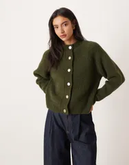エイソス レディース アウター カーディガン ニット ASOS DESIGN knitted fisherman rib cardigan with raglan detail in olive Olのサムネイル