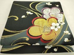 高級 正絹 洒落帯 名古屋帯 アンティーク 黒地 花柄 植物 刺繍 429