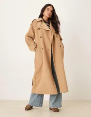 マンゴ レディース アウター コート ウール マキシ Mango premium wool blend maxi trench coat BROWN ブラウンのサムネイル