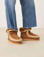 モウ レディース シューズ ブーツ・レインブーツ スエード ブーツ Mou 18 shearling lined suede boots in cognac TAN タン