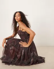 レース アンド ビーズ レディース トップス ワンピース チュール Lace Beads corset tulle midaxi dress in blurred plum Blurred Plum プラム