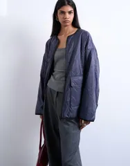 トップショップ レディース アウター ジャケット・ブルゾン フリース ジャケット Topshop two tone collarless fleece liner jacket NAVY ネイビーのサムネイル