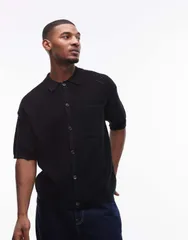 トップマン メンズ トップス ポロシャツ ニット Topman knitted pattern crochet shirt with pocket detail Black ブラックのサムネイル