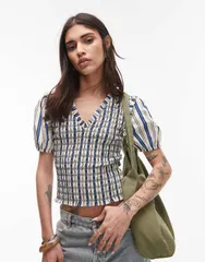 トップショップ レディース トップス Tシャツ Vネック Topshop v neck puff sleeve shirred top and blue stripe IVORY BLUE STRIPE アイボリー