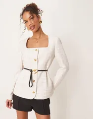 エイソス レディース アウター ジャケット・ブルゾン ブレザー ASOS DESIGN boucle scoop neck belted blazer off white オフホワイト